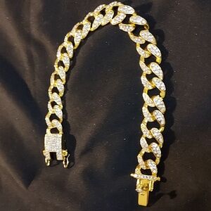 Gold Cuban Link Bracelet with Pavé Stones  7.5 In Unisex Piece